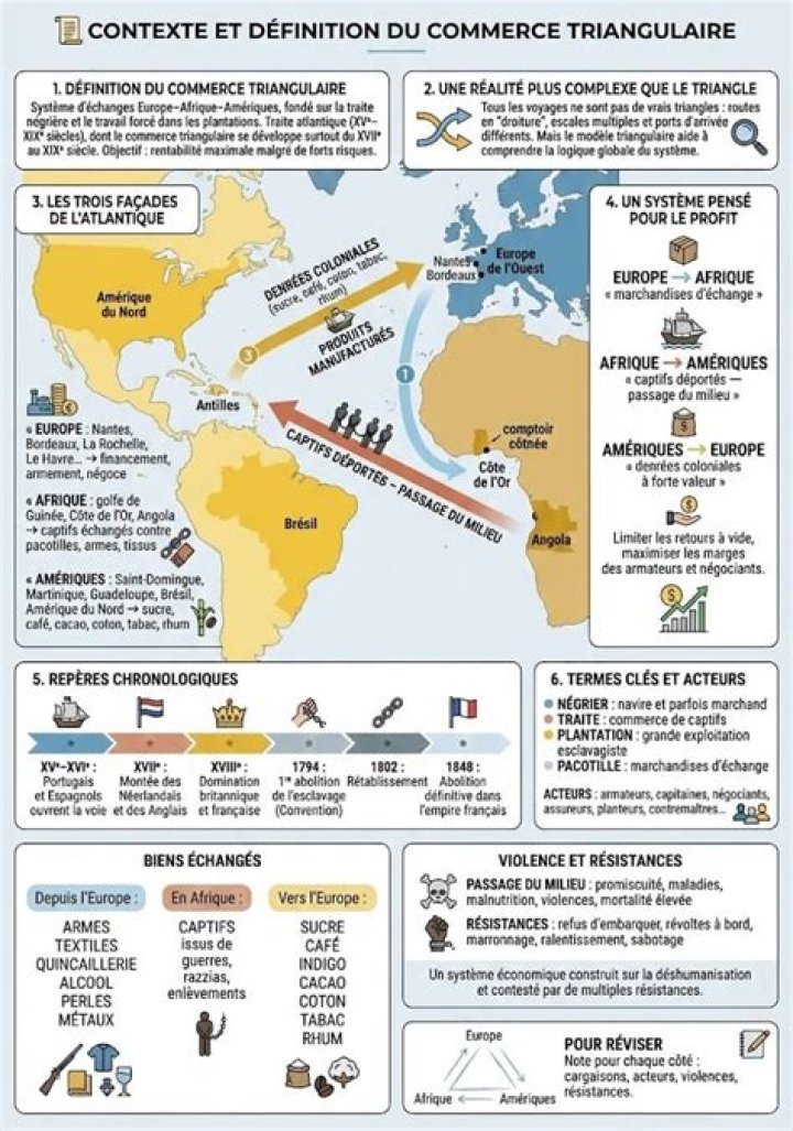 Quelles sont les 3 étapes du commerce triangulaire